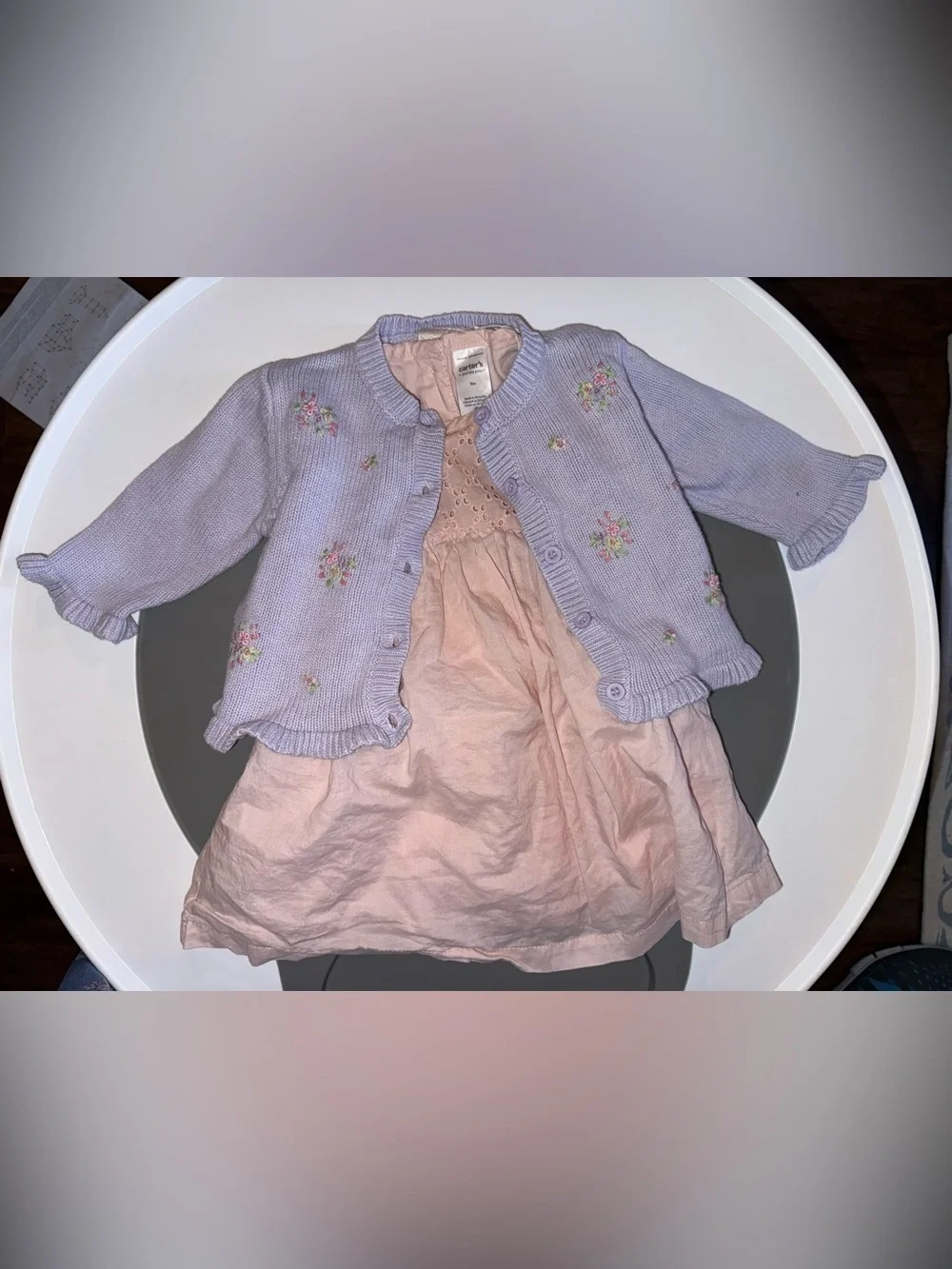 Little Treasures Lavender Knit Cardigan w/Floral Embroidery, Carters Pink Dress